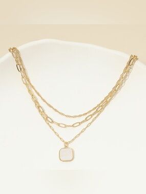 18K Gold Dipped Square Pendant Accent Mixed Paperclip Chain Layered Necklace